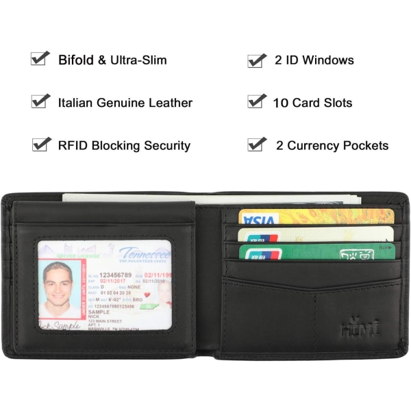 Lommebok for menn-ekte skinn RFID-blokkerende bifold Stilig lommebok med 2 ID-vindu Black