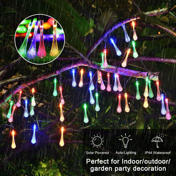 2-pack Sol-drivna Utomhus String Lights, Total 40FT 100 LED Tårförmiga Vattendroppslampor, Sol-drivna Julbelysning Utomhus Vattentät för Trädgård Patio Yard Water Drop