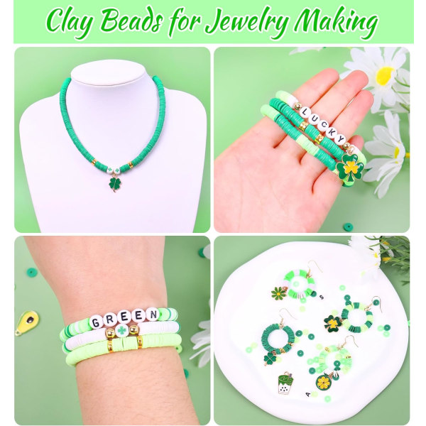 3500 STK Green Clay Beads Kit for armbåndfremstilling, polymer Heishi-perler for smykkefremstilling, vennskapsarmbåndsett for voksne jenter, Spacer Letter Green