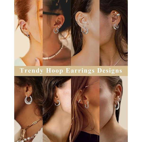 9 st Sliver Hoop Örhängen Set för Kvinnor Sliverpläterade Chunky Hoops Twisted Huggie Hoop Örhängen för Present Lättviktiga Sliver