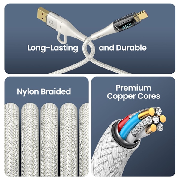 USB-C till Multiladdningskabel, USAMS 100W 4FT 5A Typ C till Typ C Snabbladdningskabel med LED-display 5-i-1 C/A till C/Micro/IP Synkroniseringsladdningsadapter White 2m
