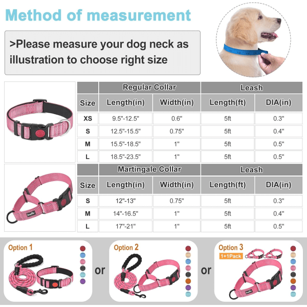 2 pakker Martingale hundehalsbånd med hurtigutløsende spenne reflekterende hundetreningshalsbånd for små middels store hunder (halsbånd+bånd, L-hals 17"-21", nål Pink L