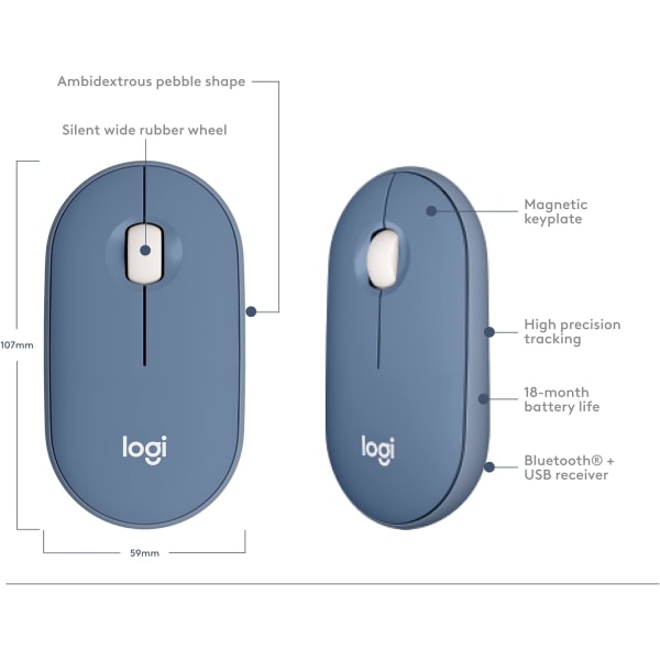 Logitech M350 Pebble Trådløs Mus med Bluetooth eller 2.4 GHz Modtager, Lydløs, Slank Computermus med Stille Klik Blue