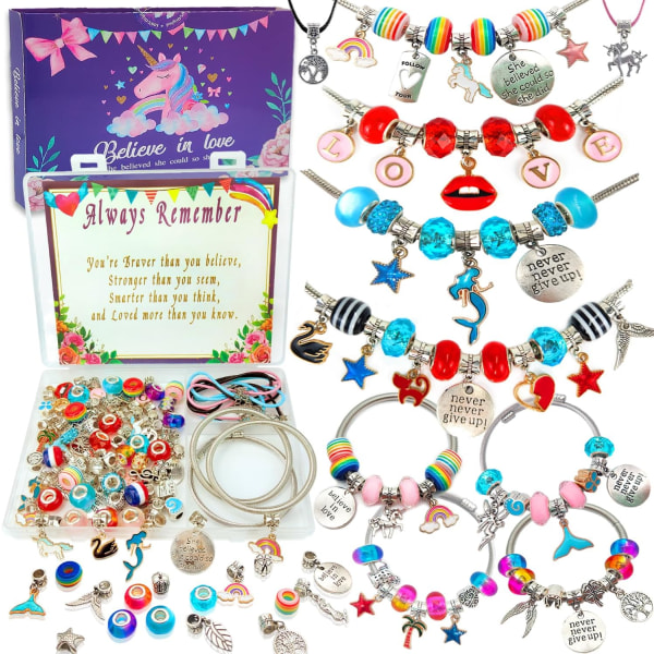 Sett for fremstilling av sjarmarmbånd, smykkefremstilling, perler, enhjørning/havfrue håndverksgavesett for jenter, tenåringer i alderen 5-12