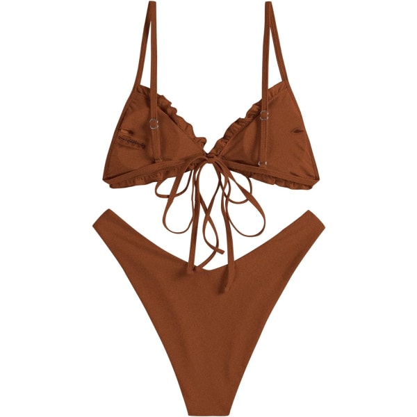 WJSM Damtriangelbikini med blommiga volanger och rosettband B-brown M