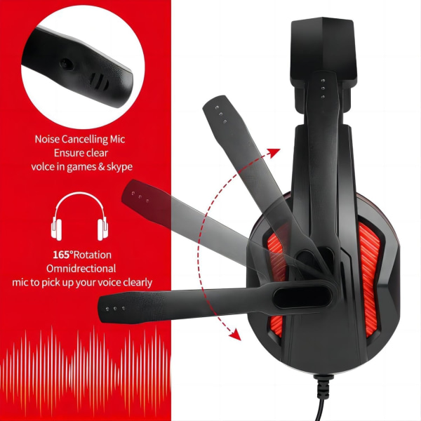 3,5 mm Port Trådløst Gaming Headset med Mic Volumenkontrol, Stereo Bas Støjisolering til PS4 Ny Xbox One PSP PC Laptop Tablet Mobiltelefoner, Sort & Rød