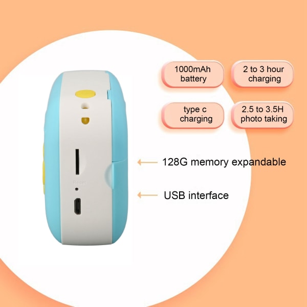 Direktkamera 2in HD-skärm Dubbel 16MP-kamera USB-laddning 1080P Videoinspelning Barnkamera med pappersrullar Lanyard