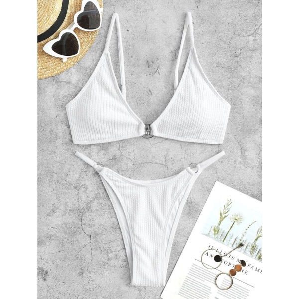 WJSM Kvinners Ribbet O-Ring String Bikini Badedrakt Cheeky Thong Badetøy To Deler Badedrakt 338_white S