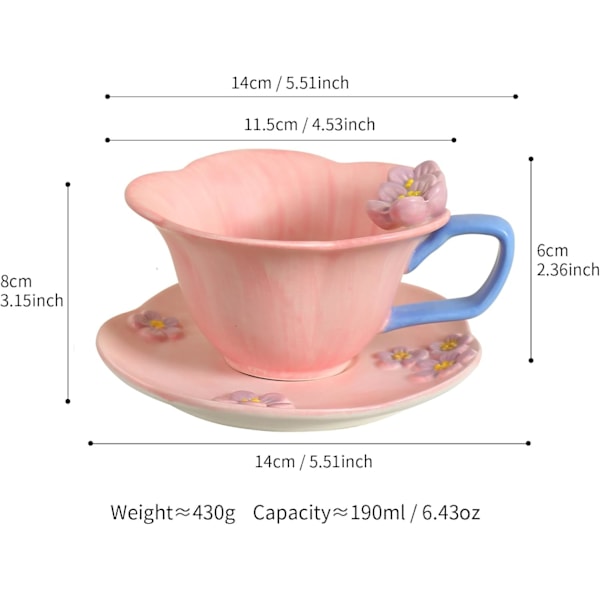Blommiga tekoppar med fat, söt kaffemugg i keramik för kvinnor, tebjudning, Cappuccino Latte Mjölk Pink