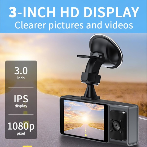 Dashcam - Foran og bagud indvendig 1080P Dashkamera til biler, 3-kanals Dashcam Trevejs bilkamera med infrarødt nattesyn, Loop-optagelse, APP C