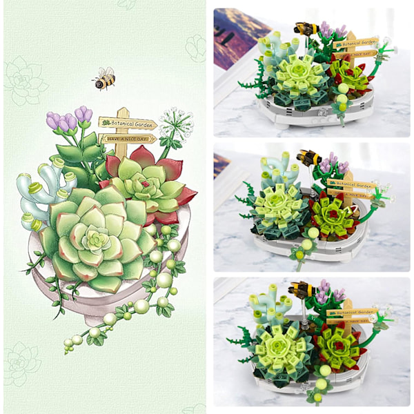 Mini-tegel Succulent Växt Byggset, 389 st DIY Simulerande Växt Ekologi Samling Byggleksak, Bukett Set Presenter för Vuxna, Barn