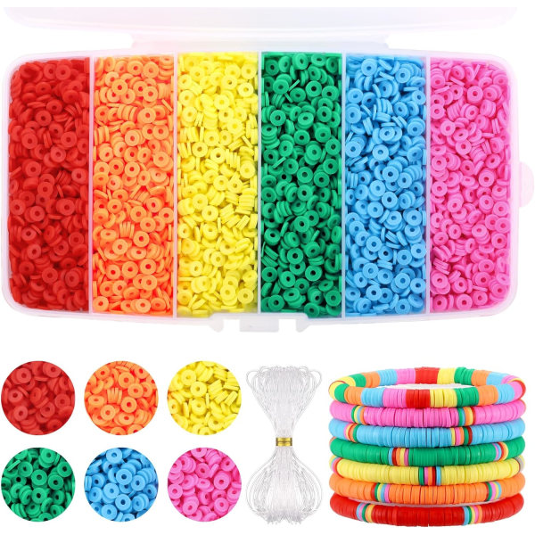 6000 stk Clay Beads Armbåndsfremstillingssæt, Rainbow Heishi Beads Polymer Clay Beads til smykkefremstilling, Venskabsarmbåndssæt til piger Voksne Gave (6 Rainbow