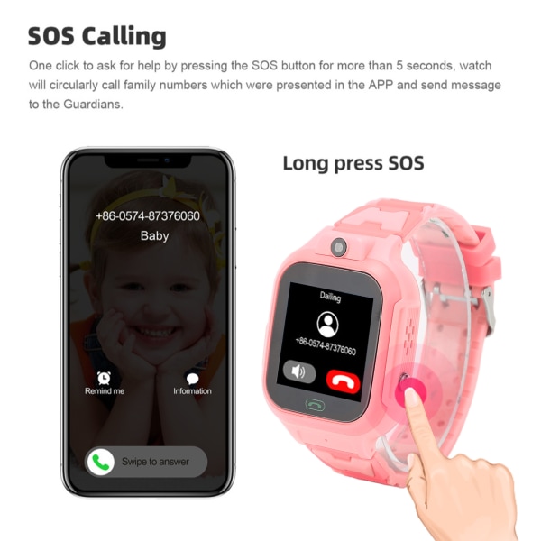 4G Lasten älykello IP67 vedenkestävä kosketusnäyttö 2-suuntainen ääni- ja videopuhelu SOS-hälytys HD-kamera Pojat Tytöt Älykellopuhelin Pink