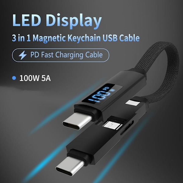 Magnetisk Nyckelring Laddningskabel med LED-display, 3-i-1 med 100W Ultrasnabb USB-C Laddningskabel, Universal Laddningskabel Kort för Resor Grey