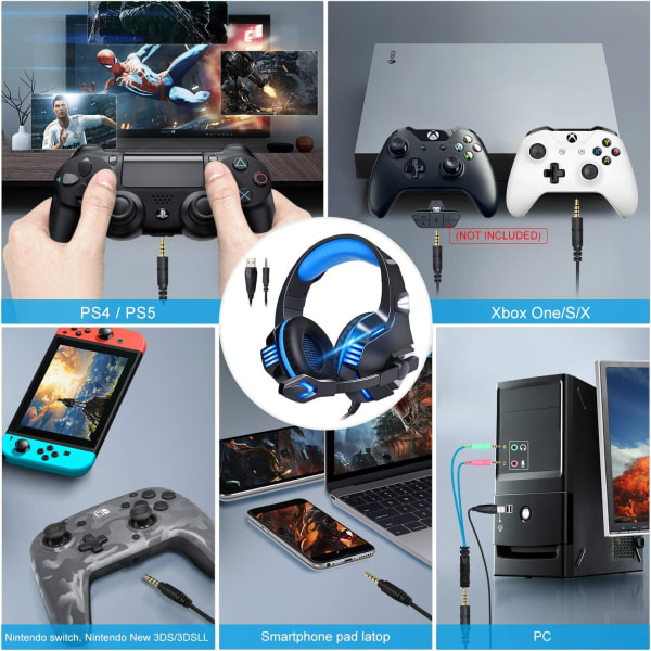 Gaming Headset til Xbox One, PS4, PC, Over Ear Gaming-hovedtelefoner med støjreducerende mikrofon LED-lys, Stereo Bas Surround, Bløde Memory-øreværn til