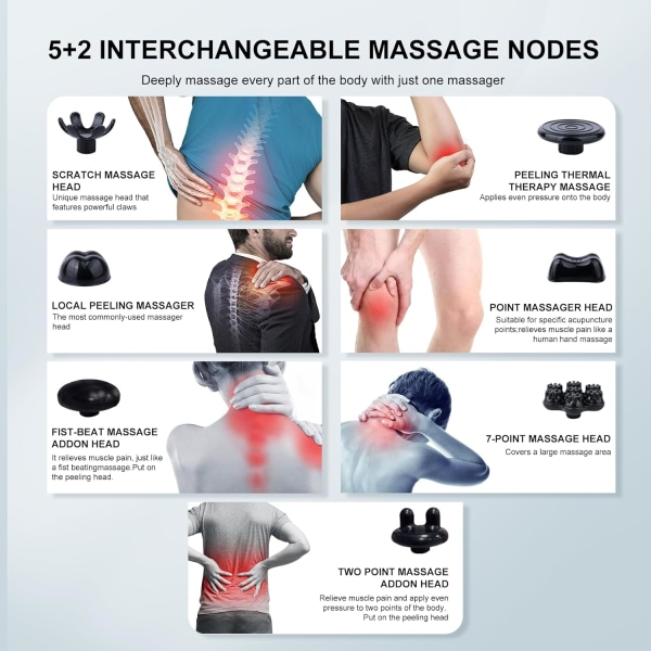 Trådløs håndholdt rygmassageapparat med genopladeligt 3200mAh batteri, 5 hastigheder og 5 +2 massagenoder med hårde, mellemstore og 2 bløde silikoneknuder; Massage Cordless Off-white