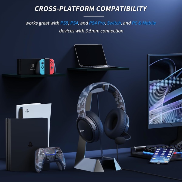 Gaming Headset med Mic til PC PS5 PS4 Xbox One Switch, Trådløse Audifonos Gamer Hovedtelefoner med Mikrofon Playstation 4|5 Xbox 1-Camo Gray Camouflage