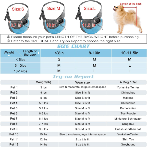 Bärbar hundslinga i andningsbart nätmaterial - Säker bärväska för hundar och katter Sky blue Medium