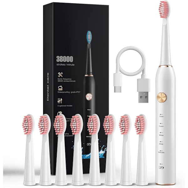 Sonic Elektrisk Tandbørste til Voksne med 8 Børster, IPX7 Vandafvisende Sonicare 38000VPM, Hurtig Opladning med Intelligent Tidspåmindelse 5 Valgfrie Tilstande White