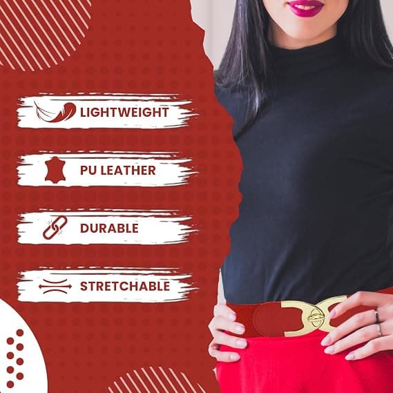 Dame bredt elastisk vintage taljebælte | Strækbart læder taljebælte med guldmetal interlock-spænde | Mode retro damebælte red