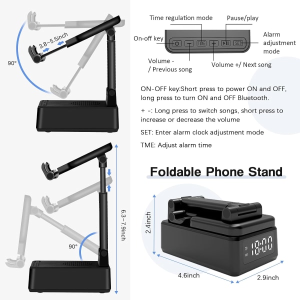4 i 1 Bluetooth högtalarväckarklocka med trådlös laddare och mobiltelefonhållare, bärbar hopfällbar mobiltelefonhållare Audio Clock Present