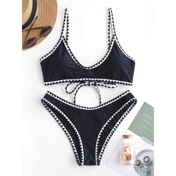 WJSM Kvinners Bralette Bikinisett med Snøring og Høy Utskæring, Todelt Badetøy 2-black S