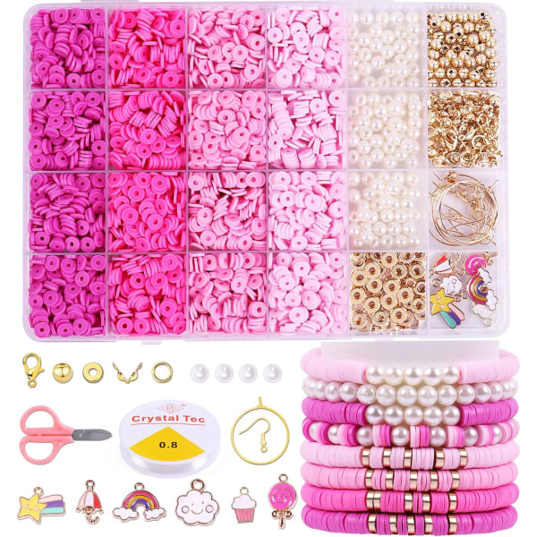 3500 st Pink Clay Beads Kit för armbandstillverkning, Polymer Heishi-pärlor för smyckestillverkning, Friendship Armband Kit för flickor Vuxna, Spacer Pearl Be Pink