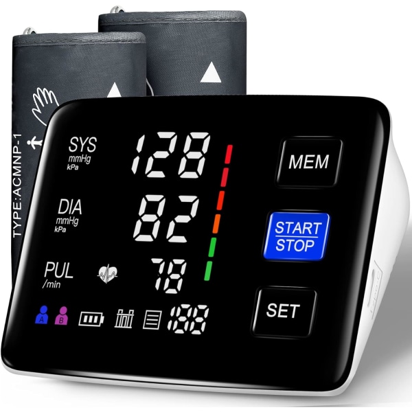 Blodtryksmåler, 9-17'' & 13-21'' ekstra stor blodtryksmanchet overarm, LED-farvebaggrundsbelyst skærm Automatisk digital blodtryksmaskine