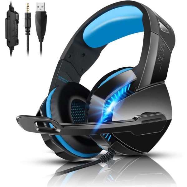 PS4 Gaming Headset med 7.1 Surround Sound, Xbox One Headset med støyreduksjonsmikrofon og LED-lys, Over Ear-hodetelefoner, kompatibel med Nintendo Swit Black Blue