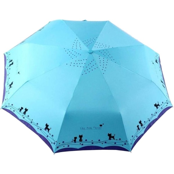 Vindtæt Kompakt Rejse Folde Sød Kat Paraply, Automatisk Åben Luk Regn & Sol Letvægts Bærbare Paraplyer med Betræk til Børn Kvinder Mænd Light Blue