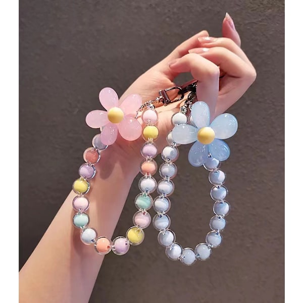 Mobiltelefon Rem Hänge Blommig Armband Kreativ Hängande Rep Nyckelring Mobiltelefon Lanyard Pärlblommig Anti-Lost Telefonfodral Lanyard Pink Flower
