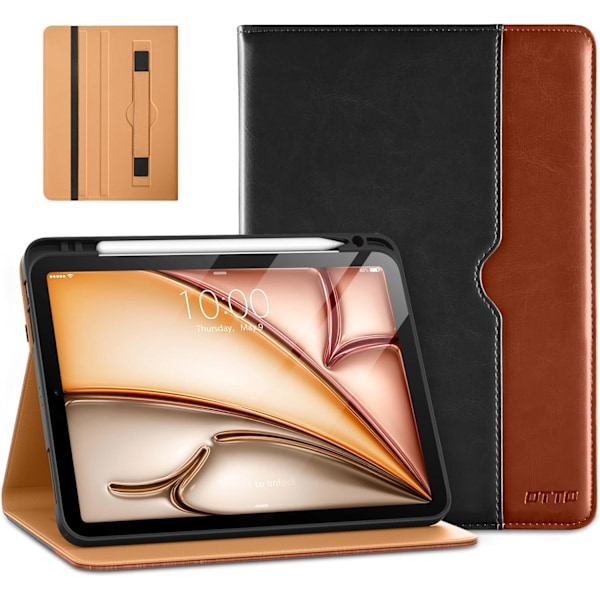 Ipad Pro 11-tuumainen kotelo (2024), Premium-nahkainen business-suojus kynätelineellä - automaattinen herätys/lepotila Black Brown Apple