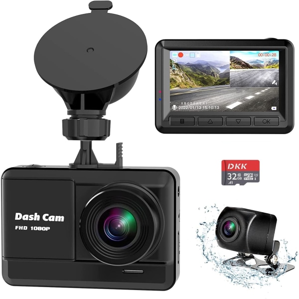 Dash Cam edessä ja takana, Mini Dash Cam 1080P Full HD 32 Gt:n SD-kortilla, 2,45 tuuman IPS-näyttö, 2 kiinnitystapaa, pimeänäkö, WDR, onnettomuuslukko, silmukka