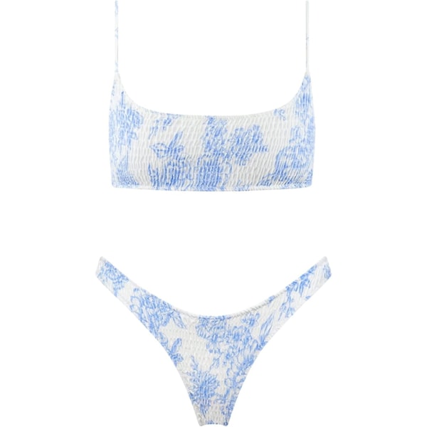 WJSM Triangel för kvinnor, bikini smockad texturerad skopa med print Ruchad elastisk baddräkt tvådelad baddräkt Light Blue XL