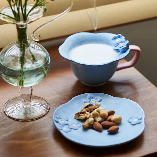 Blomstrete tekopper og skåler, keramisk søt kaffekopp for kvinner teselskap, Cappuccino Latte Melk Blue