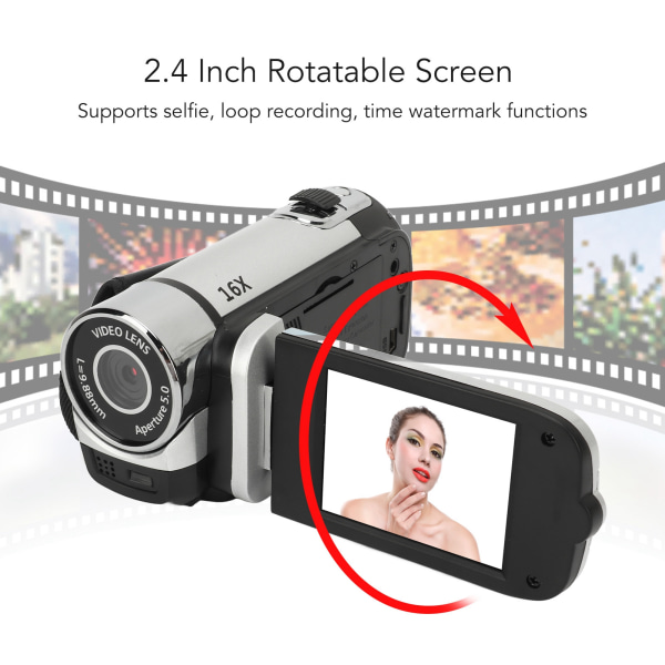 D90 1080P 16MP Digitalkamera 2,4 tums roterbar skärm Videokamera 16x zoom HD-videobandspelare med fyllningsljus Silver