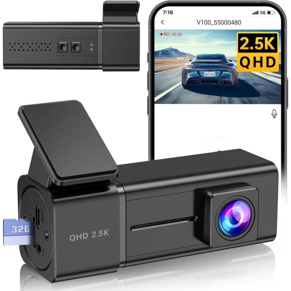 Dashcam, 2,5k 1440P WiFi Dashcams, Dash-kamera for biler med APP, minibilkamera, gratis 32 GB SD-kort, nattsyn, 24-timers parkeringsmodus, G-sensor, sløyfe