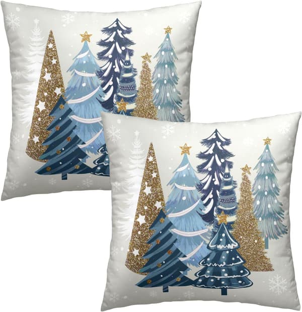 2-pack 18x18 tum julkuddfodral Blåa tallar och snöflingor Design - Dekor för soffa och divan under vinterhelgerna