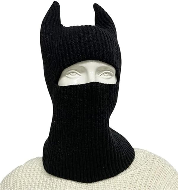 Gothic Bat Ear Stickad Balaclava - Varm Heltäckande Mössa, Vinteraccessoar för Utomhusbruk Black