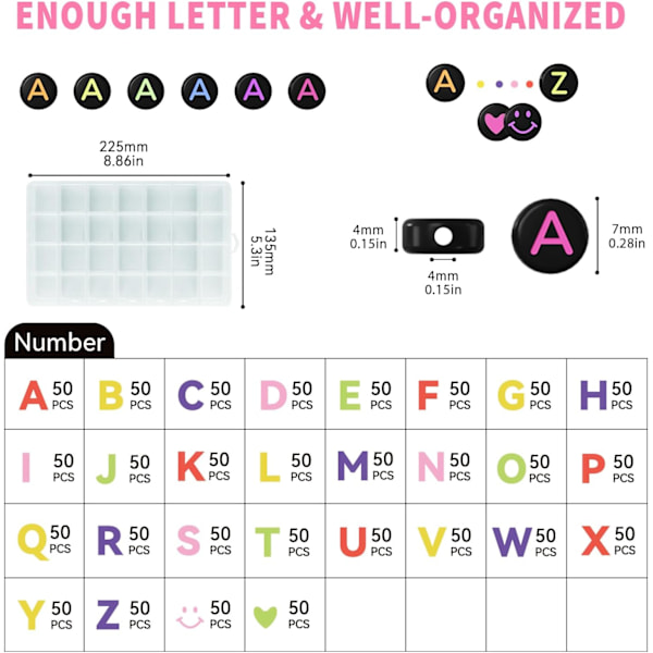 1400 kappaletta kirjainhelmisetti, 28 tyyliä ystävyysrannekkeiden korujen valmistussarja, lajiteltuja aakkoshelmiä värikkäitä hymiöhelmiä sydänhelmiä Multicolor Letter Black Bead