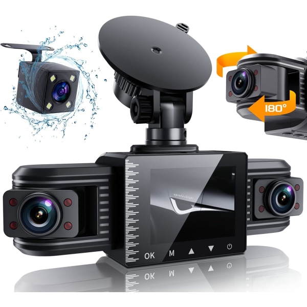 T1 pro Dash Cam fram och bak inuti 3-kanals 1080P, justerbar lins Dash-kamera för bilar med 8 IR-lampor Night Vision, trevägs trippel bilkamera