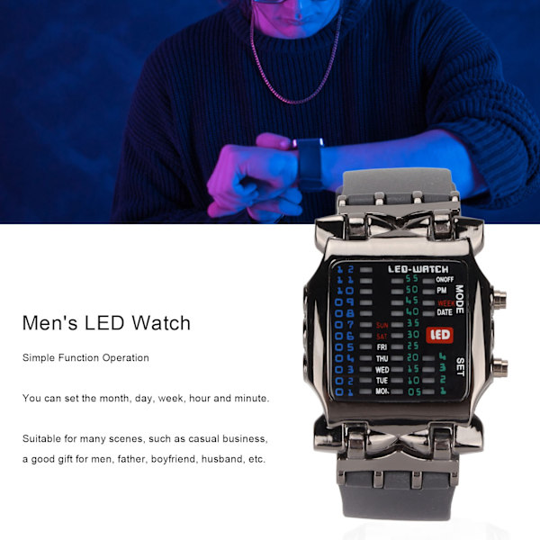 Herr LED-klocka Klassisk mode herr rektangulär klocka med binär tidsläge display för affärsdaglig användning (svart skal svart bälte )