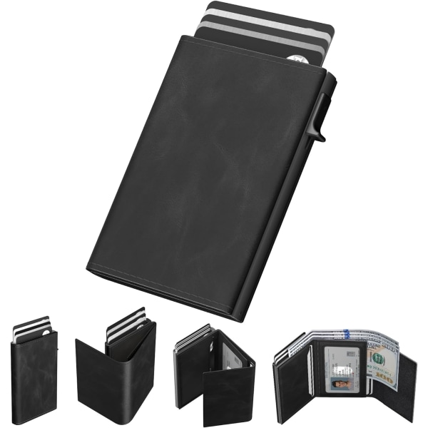 Plånbokskorthållare för män: Pop Up- case i aluminium, premiumläder, smart, RFID-blockerande, smal, minimalistisk, främre ficka - 9-14 kortkapacitet | jag ‏‏‎ ‎‎Black
