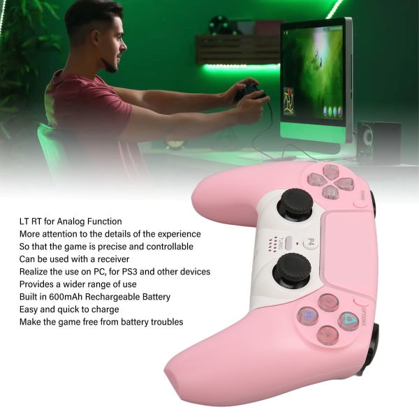 Bluetooth Controller Genopladelig Trådløs Gamepad Joystick til PS4 til PS5 til Windows 7 8 10 PC Tablet Pink