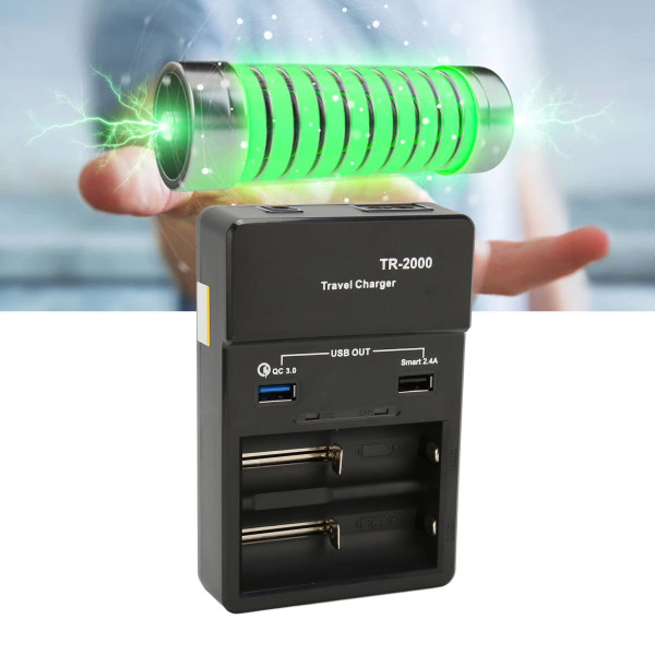 2-Slots Smart 18650 Batterilader med USB QC3.0 Udgang til 26650 18650 18350 17670 17500 16340 14500 AA AAA SC C Batteri 110‑240V EU Stik