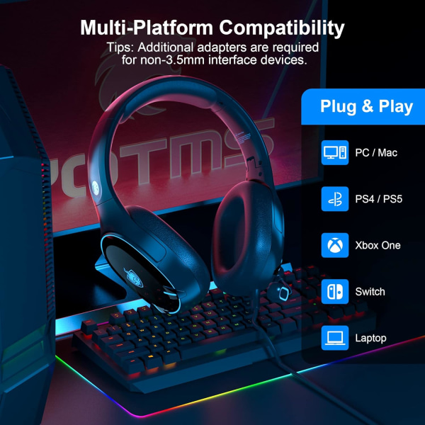 H-8 PC Gaming Headset for PS4, PS5, Controller, Xbox One Headset med stereolyd, Over Ear-hodetelefoner med støyreduksjonsmikrofon, LED-lys, volum Black