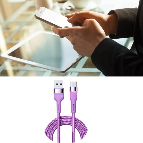 Hurtigladekabel Aluminiumslegering USB C ladedatalinje for telefon 3A fargerikt lys Purple