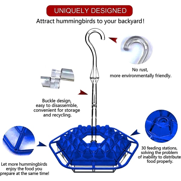 Kolibrifoder til udendørs ophængning, Mary's kolibrifoder med siddepind og indbygget myregrav med 30 foderporte, nem at rengøre, udendørs ophængning blue