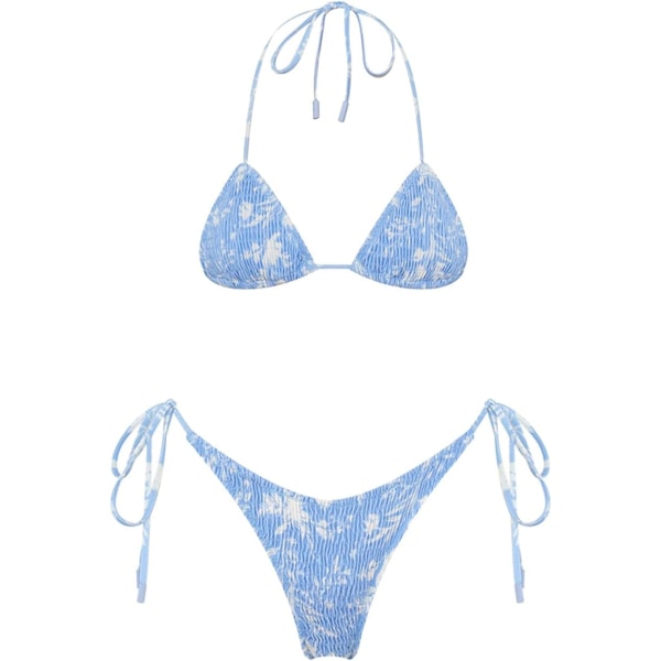 WJSM Dame Trekantet Bikini String Badetøj Print Binde Smocked Ruched Todelt Badedragt Sæt Sky Blue M