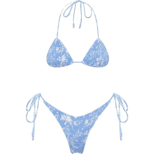 WJSMWomen's Triangle Bikini String Baddräkt Print Smocked Ruched Tvådelad Baddräkt Set Sky Blue M